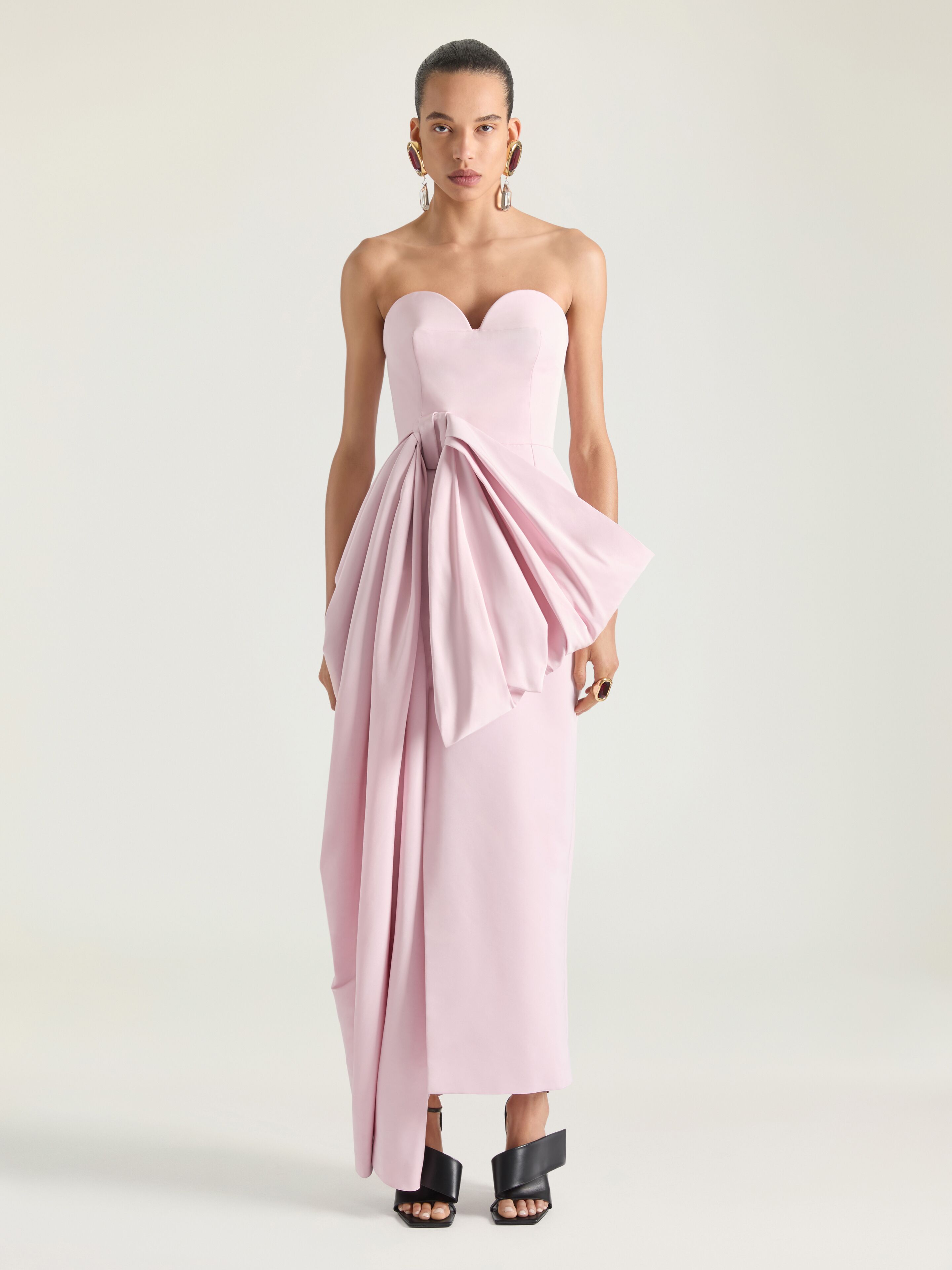 Evening bustier dress in polyfaille with bow detail